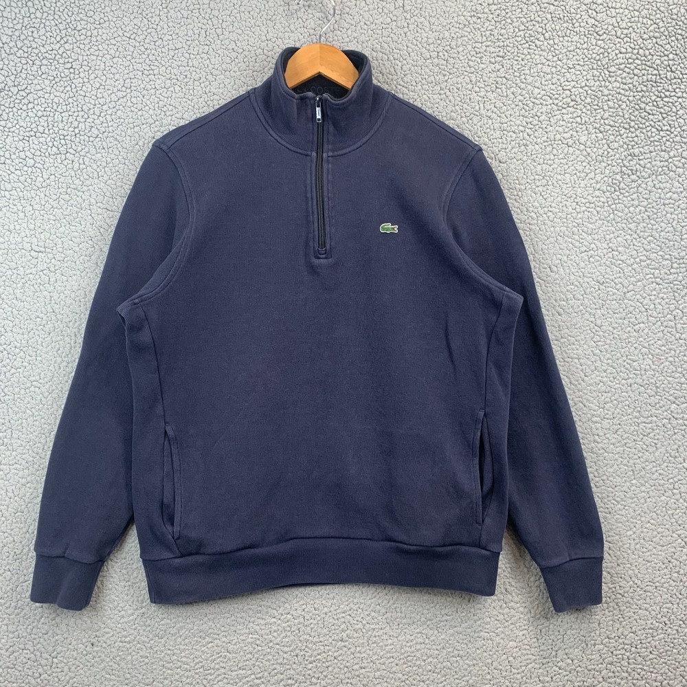 Lacoste Sweater Knit 1/4 Zip Pullover Mens 7 M/L Blue Long Sleeve Croc Logo EUC